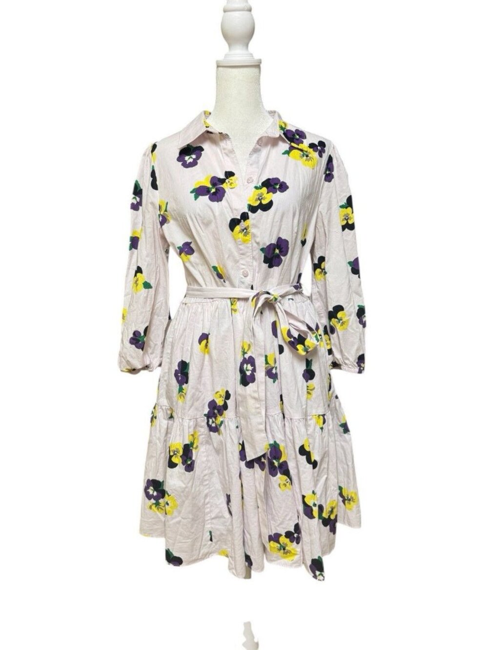 Kate Spade Floral Shirt Dress Medium Belted Cotton Pansy Print